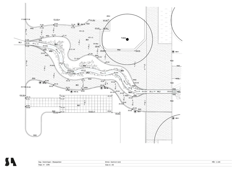 Technical plan drawing showing pond contours, a circular element, and curving pathways with elevation annotations