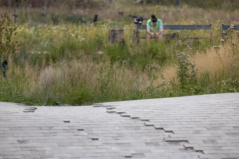 Brick paving detail showing gaps for drainage with a figure working in the planting area beyond