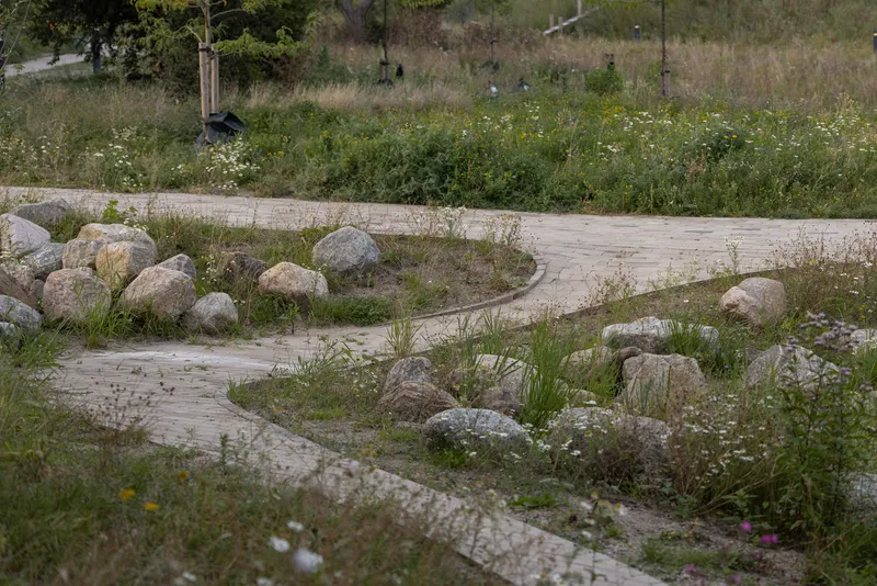 Curved concrete paving with scattered boulders and wildflower plantings across the sloped landscape