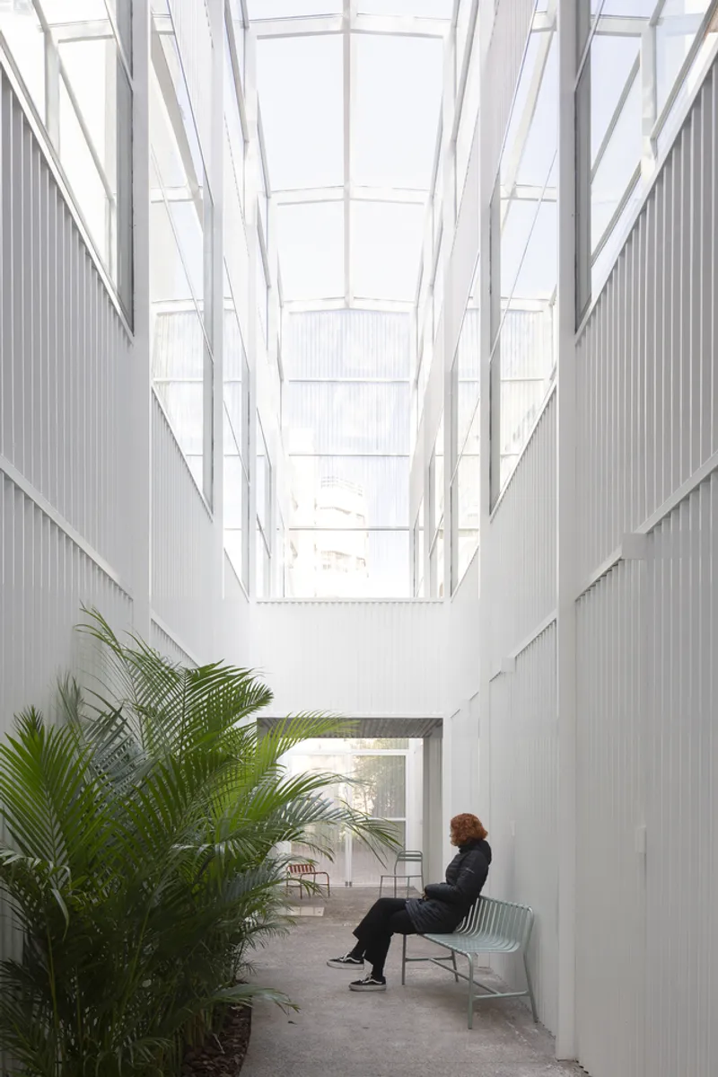 Interior courtyard with full-height glazed roof showing white steel frame and person seated beside palm fronds