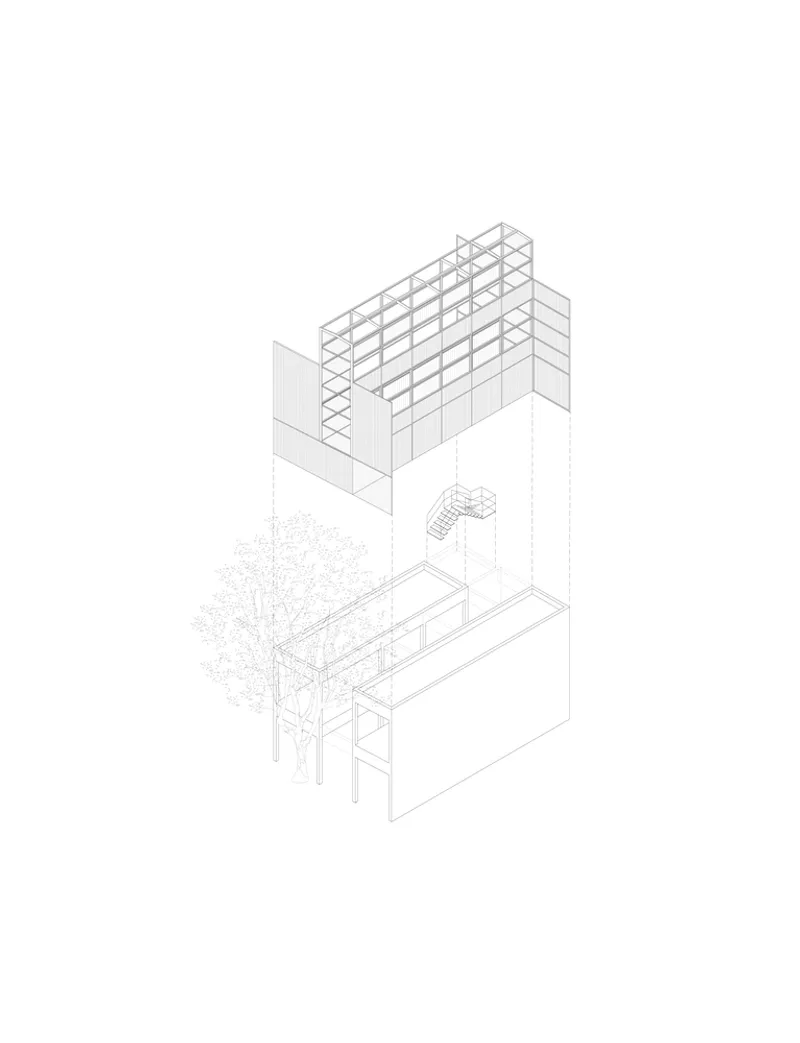 Axonometric drawing showing a multi-story structural frame with a cantilevered volume and tree in courtyard