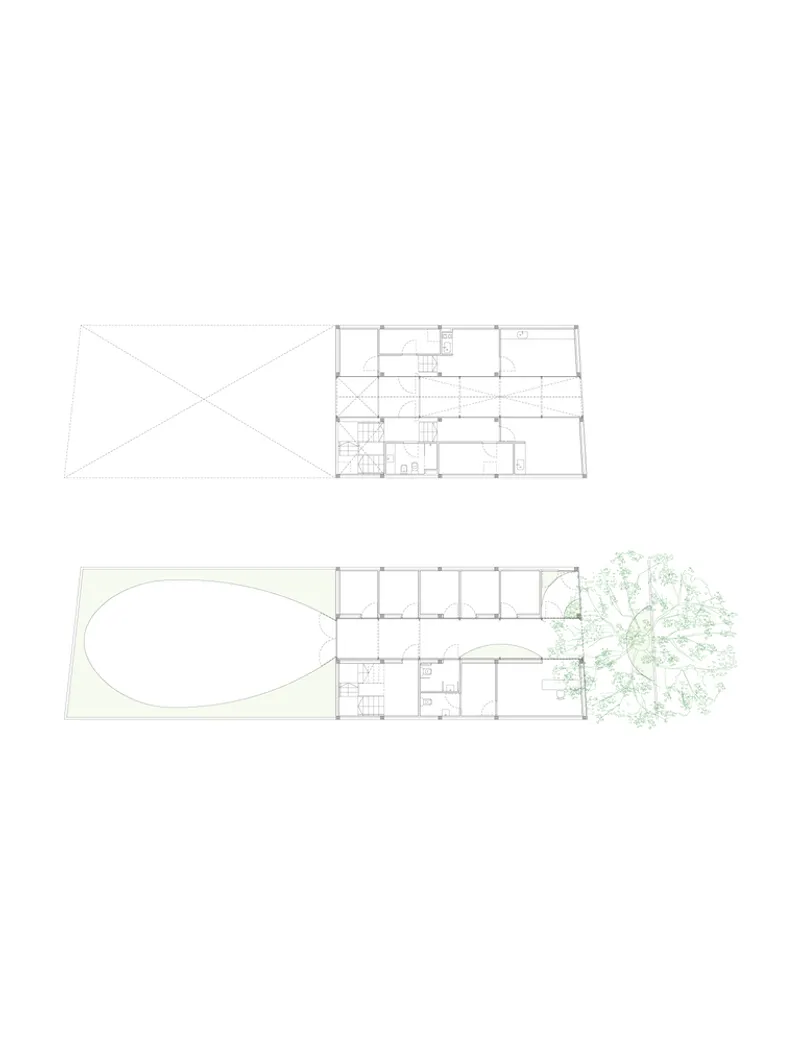 Floor plan drawings of two levels with an oval courtyard and adjacent tree notation