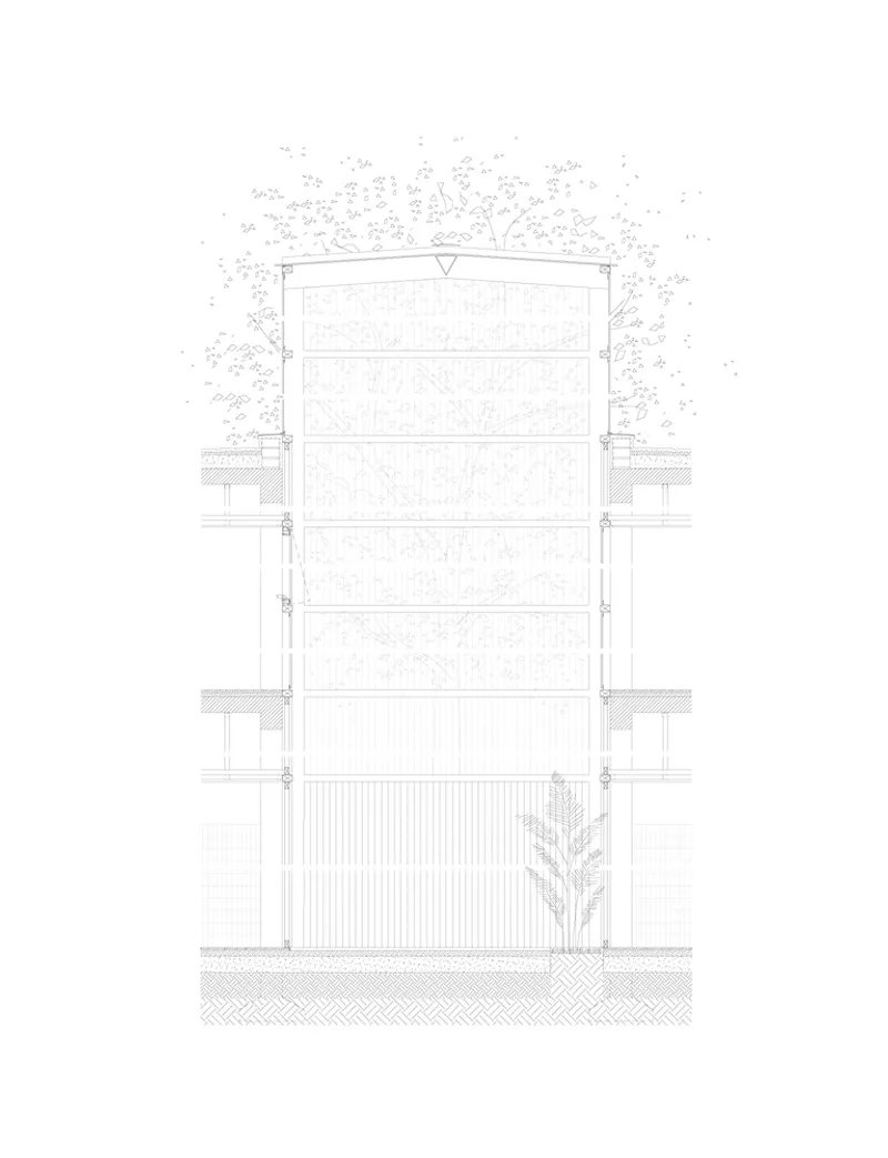 Detailed section drawing showing layered facade with perforated screens, planted terraces, and tree canopy above