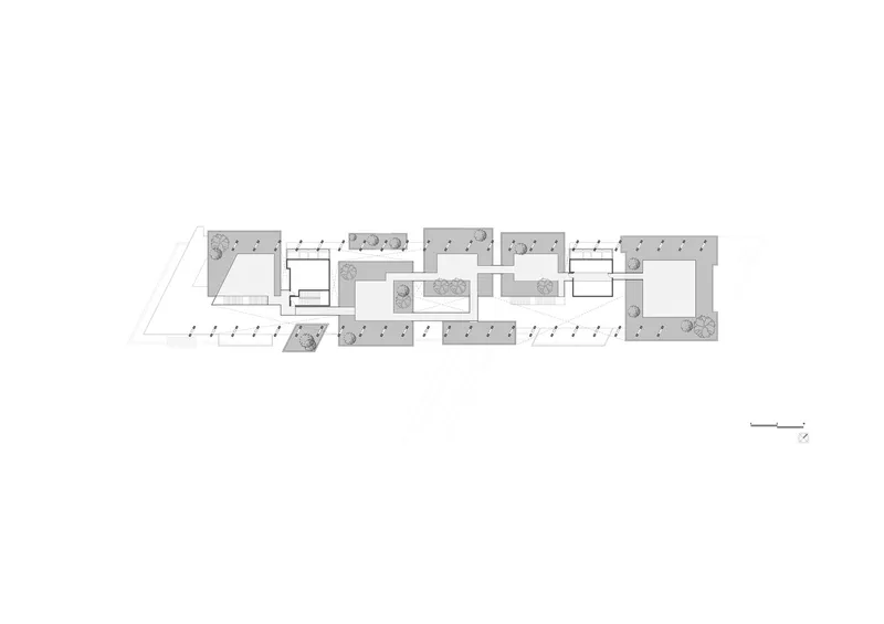 Floor plan drawing showing a linear arrangement of rooms with courtyards and trees