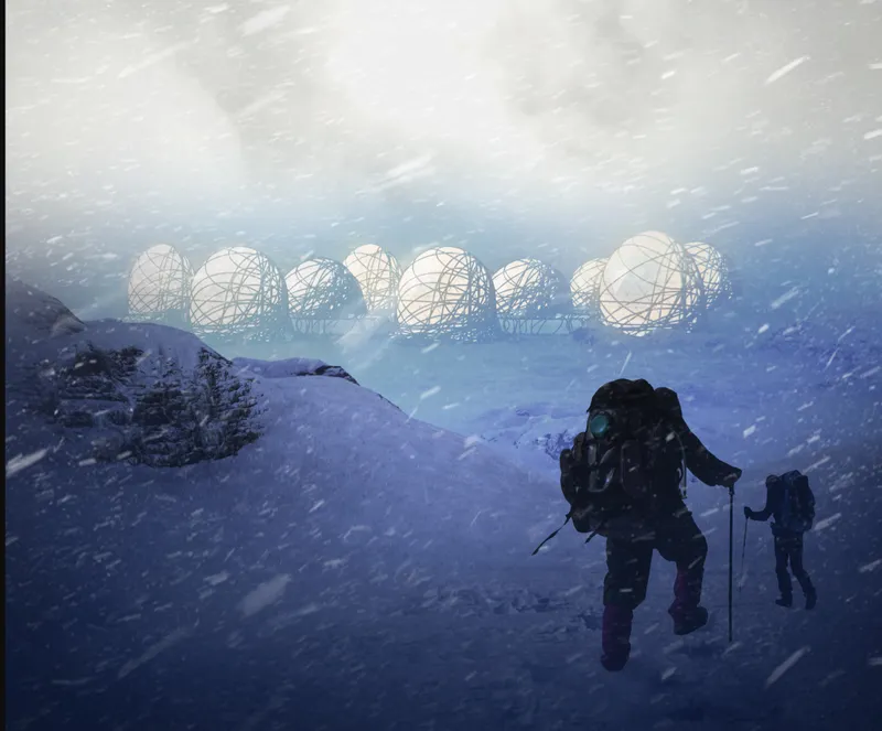 Row of lattice domed structures set along a snowy mountain ridge during a blizzard