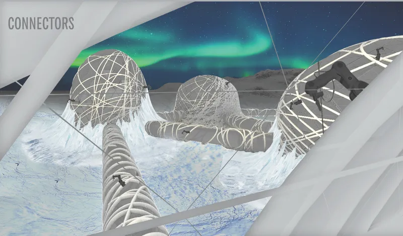 Sectional rendering showing lattice dome structures connected by tubular passages under the northern lights