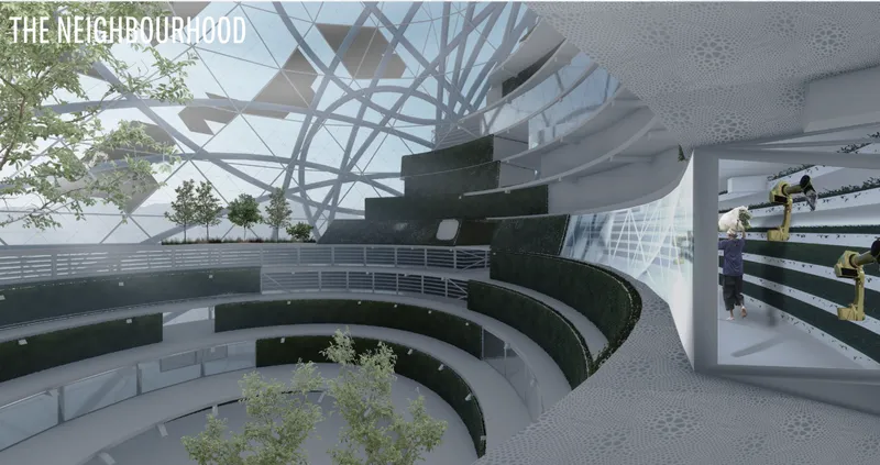 Interior rendering of a spiraling atrium with planted terraces and white diagonal structural framework overhead