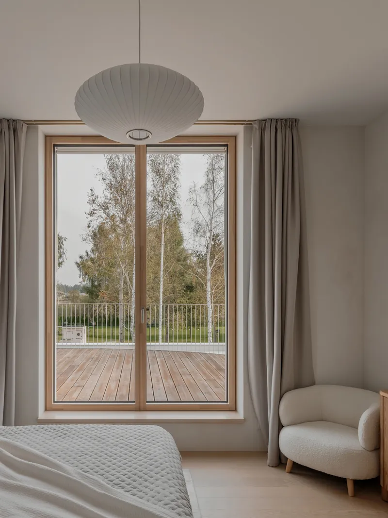 Bedroom with timber-framed glass doors opening to a wooden deck and bare trees beyond