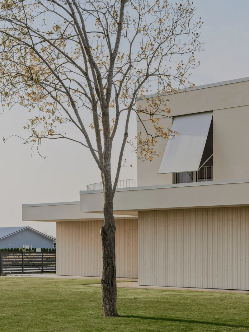 Side elevation with layered terraces and vertical timber cladding beneath a bare autumn tree