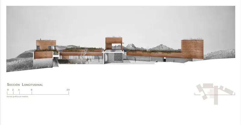 Longitudinal section drawing depicting the multi-level complex stepping down the hillside with mountain peaks behind