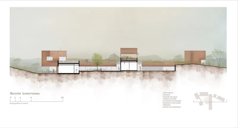 Longitudinal section drawing showing interconnected volumes with timber cladding set into sloping terrain with distant mountains