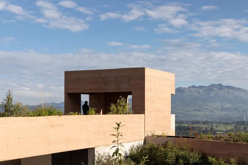 Rooftop terrace with figure silhouetted in a deep opening framed by planted edges