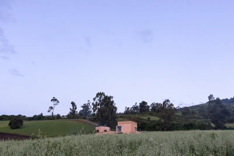 Pink-toned volumes emerging from agricultural fields at dusk