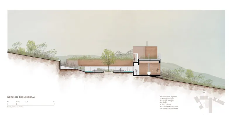 Transverse section drawing showing volumes embedded in sloping terrain with trees and subterranean spaces