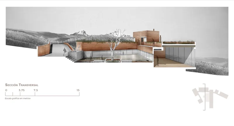 Transverse section drawing depicting timber and concrete volumes arranged across a hillside with central courtyard