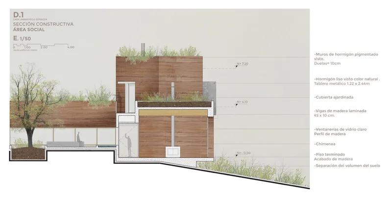 Construction section drawing showing timber cladding layers, concrete floor plates and a tree in courtyard