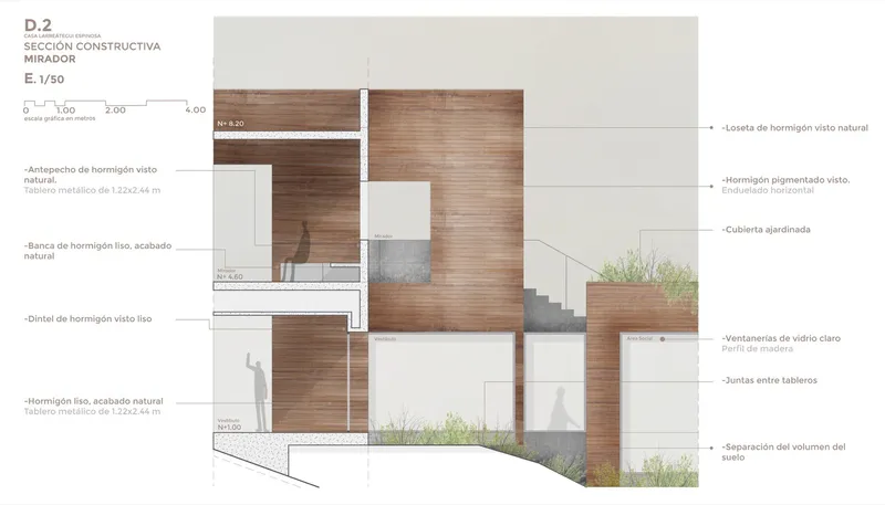 Construction section drawing detailing wood panel facades, interior stair and glazed openings with planted roof