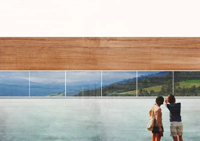 Two visitors observing a horizontal window framing panoramic views of green hills under cloudy skies