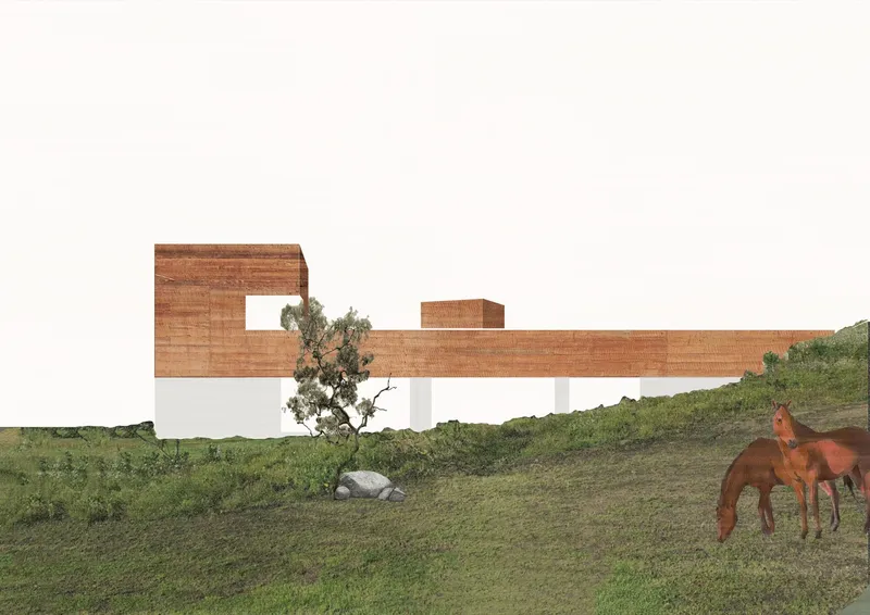 Elevation collage depicting brick volumes on white pilotis with horses grazing on sloped terrain below