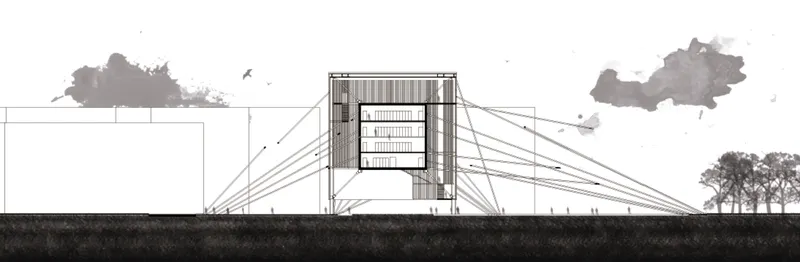Elevation drawing depicting a cable-stayed structure with a central tower and suspension cables against a landscaped horizon