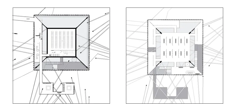 Plan drawings showing two levels of a square building with central courtyard and diagonal cable patterns