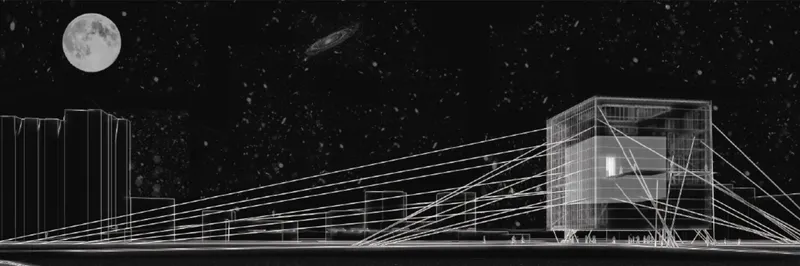 Night rendering showing the illuminated glass volume with suspension cables under a full moon and starry sky