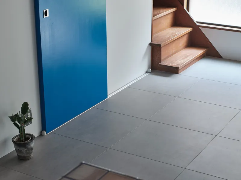 Detail of grey tile floor meeting blue door and timber stair treads with potted cactus