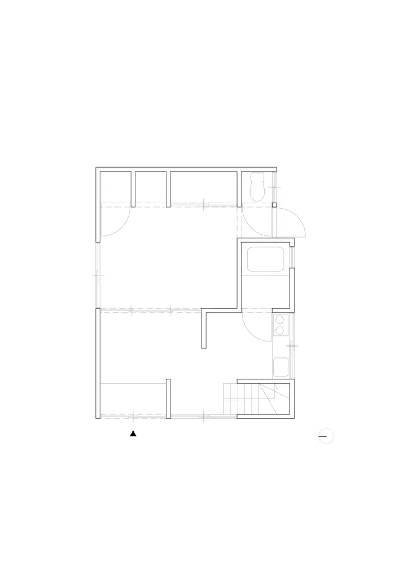 Floor plan drawing showing bedroom spaces with built-in closets and shared bathroom facilities