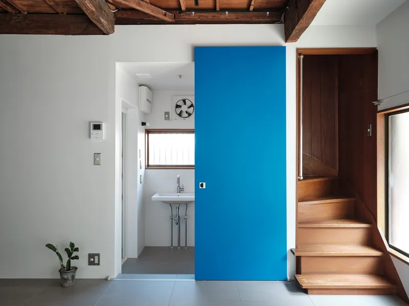 Blue sliding door alongside timber staircase beneath exposed timber ceiling beams and white walls