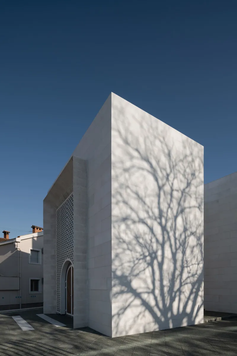 Tree shadow cast across white plastered facade with arched door and perforated screen panel