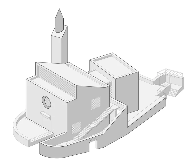 Axonometric drawing revealing the interior volumes with a curved ramp connecting multiple levels and a vertical tower element