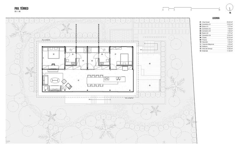 Ground floor plan drawing showing the open living area with bedrooms on one side and pool terrace