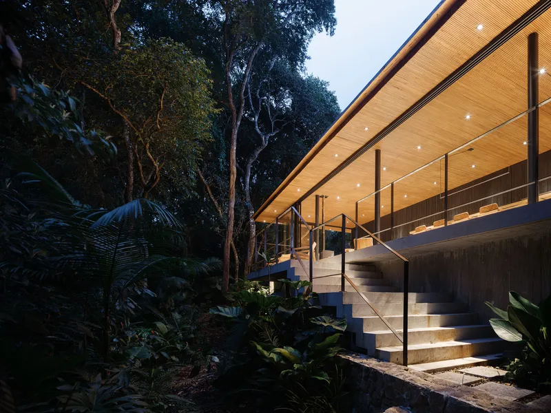 Exterior staircase with glass balustrade ascending to the timber-lined canopy at dusk among tropical vegetation