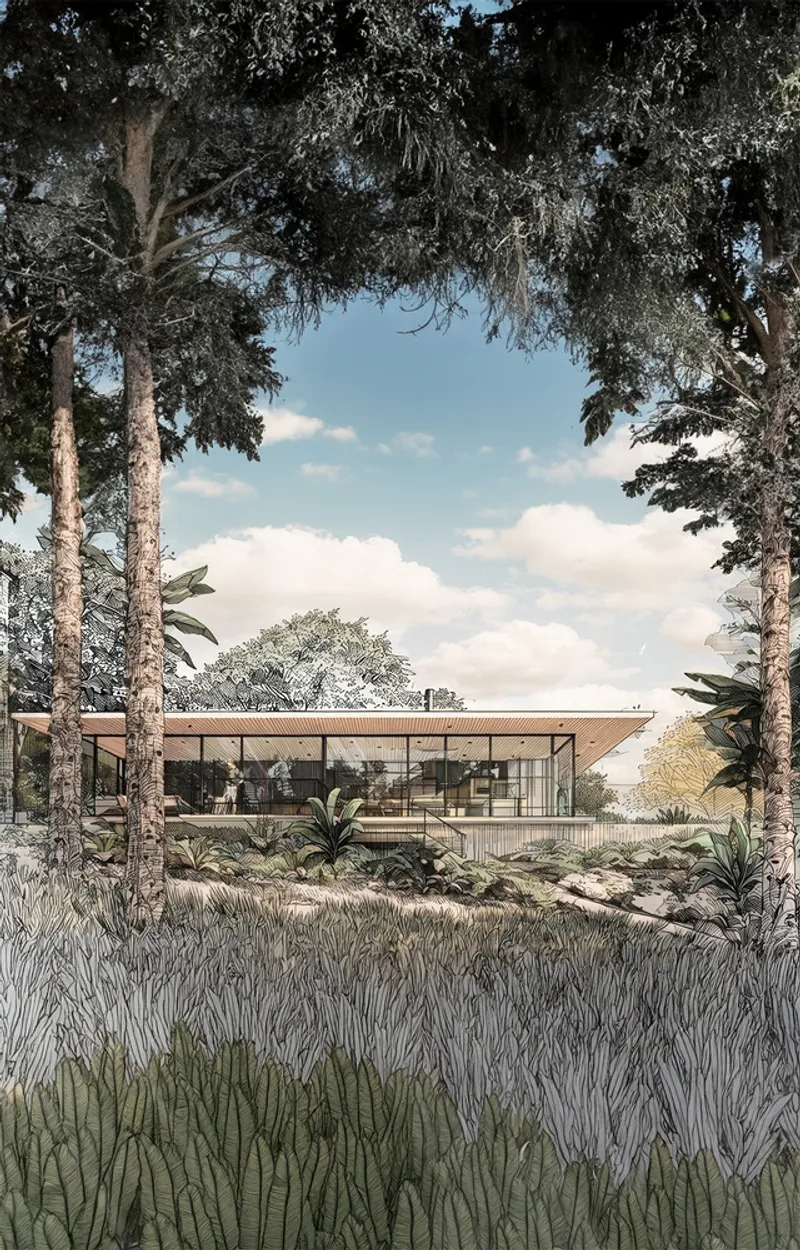 Rendering of the glass-walled pavilion viewed through a planted garden with palms and tall trees
