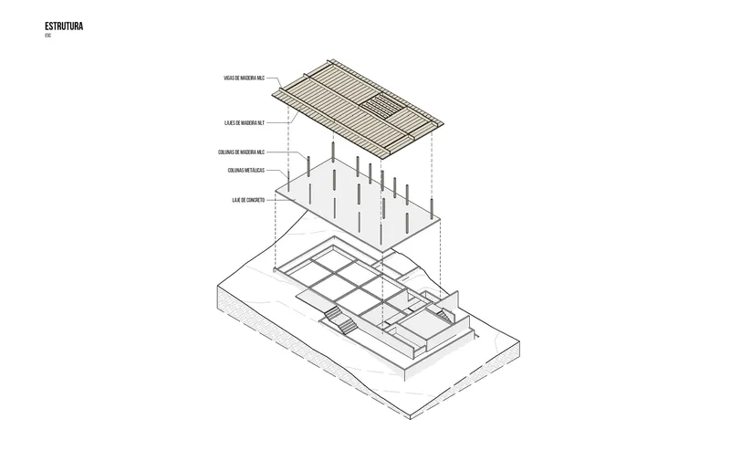Exploded axonometric drawing showing the structural layers from concrete slab to timber roof structure