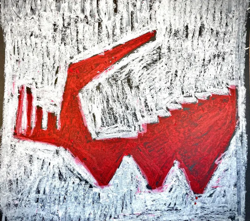 Textured red and white sketch showing the angular geometry of the cantilevered auditorium form