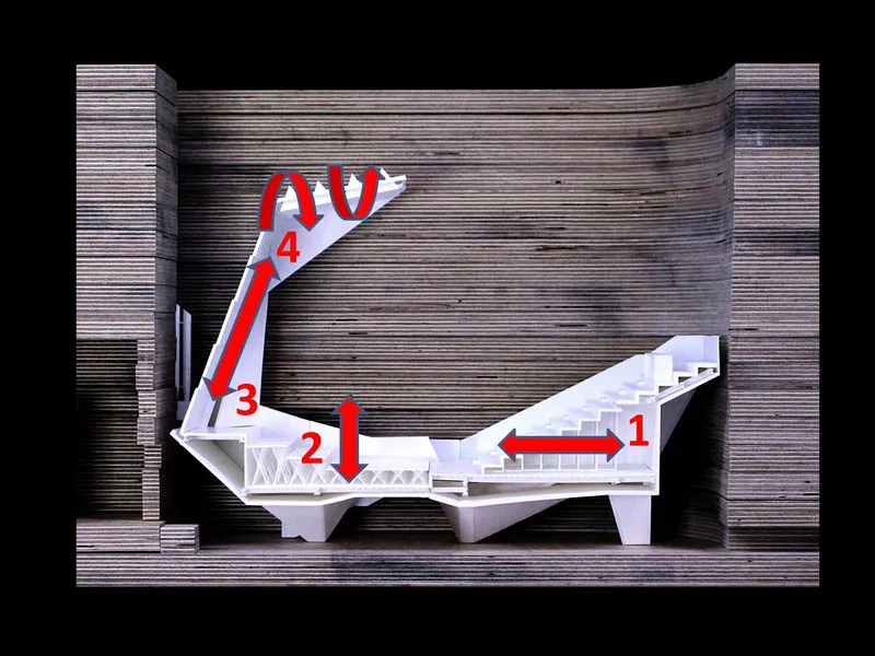 Top view of the physical model with red arrows indicating circulation paths through the auditorium structure
