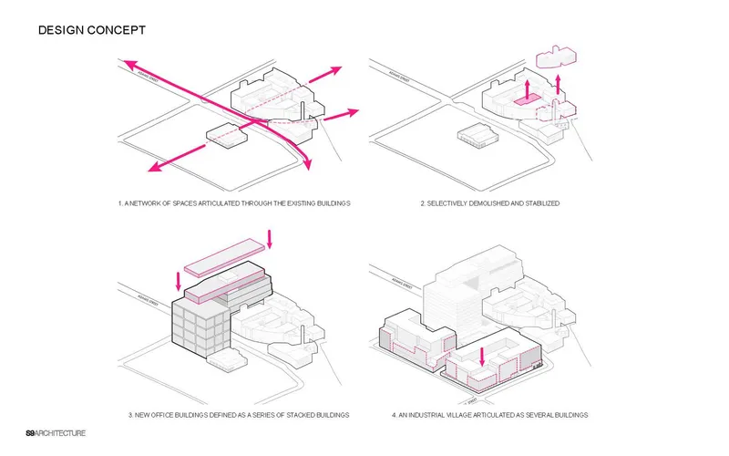 Isometric diagrams illustrating design concept of building network through retention and infill development