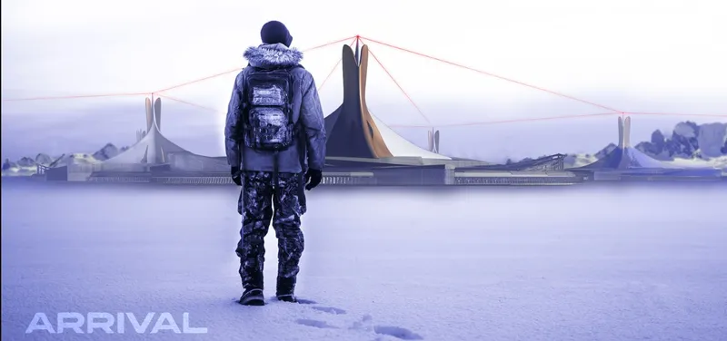 Distant view of a cable-stayed bridge with sculpted pylons spanning water at dusk with a figure in winter clothing