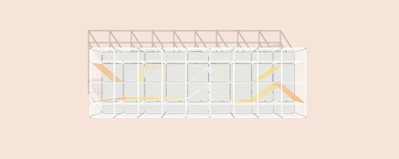 Axonometric drawing showing the structural frame with timber roof trusses and colored circulation ramps