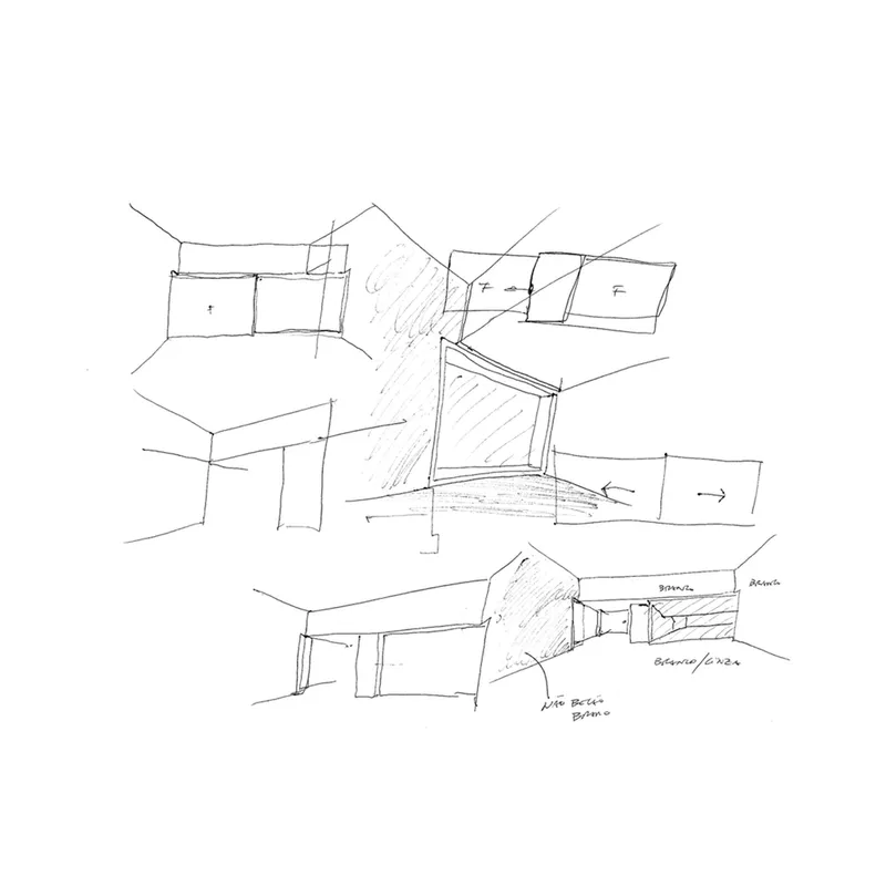 Plan and elevation sketches showing angular volumes radiating from a central circulation spine with annotations