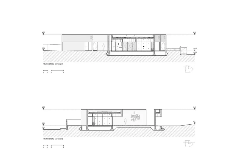 Transversal section drawings revealing the relationship between interior volumes and the sloping site terrain