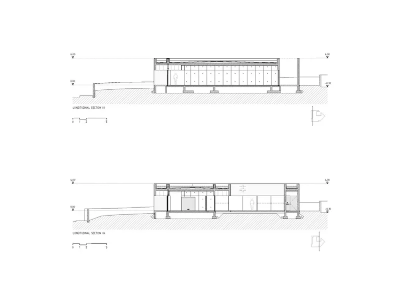 Longitudinal section drawings showing the internal spatial organization and roof profiles at two different cut lines