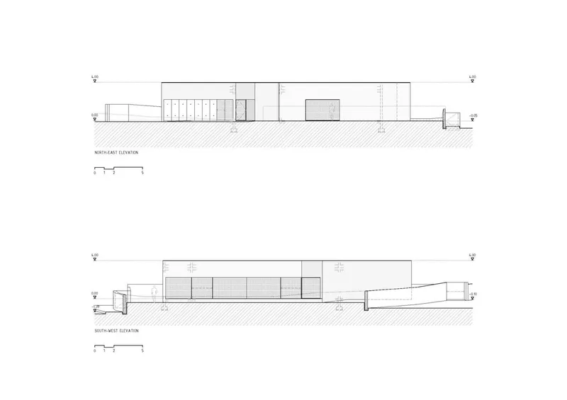 Northeast and southwest elevation drawings depicting the linear facade composition and varying roof heights