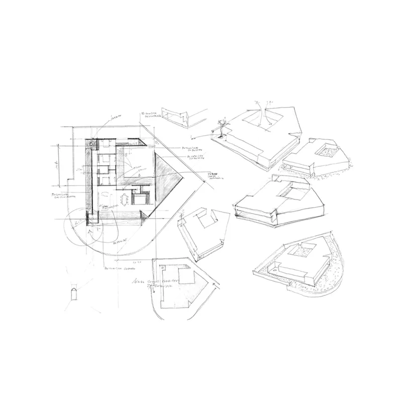 Conceptual sketch showing axonometric studies of angular volumes with pyramidal roof forms and curved site boundaries