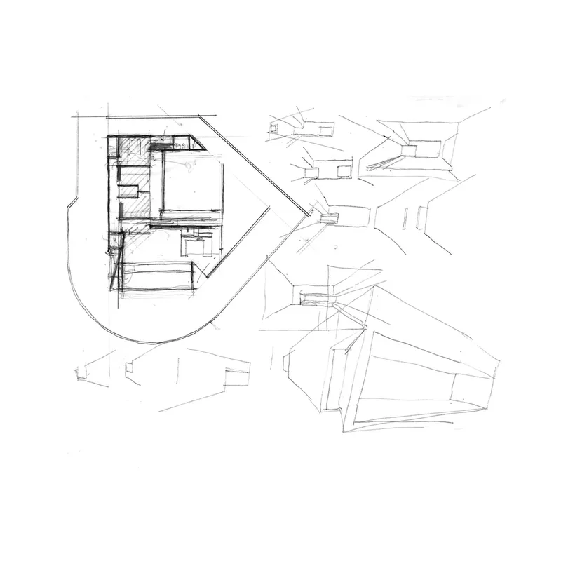 Sketch exploring sectional relationships and spatial perspectives of interconnected volumes with sloped roofs