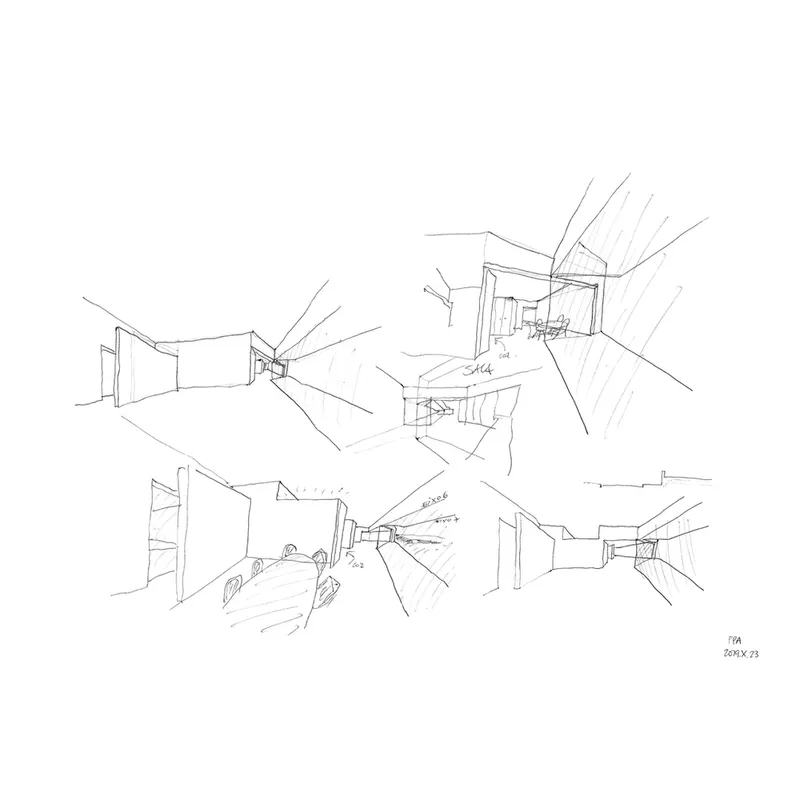 Interior perspective sketches depicting corridors and rooms with angled walls and natural light from above