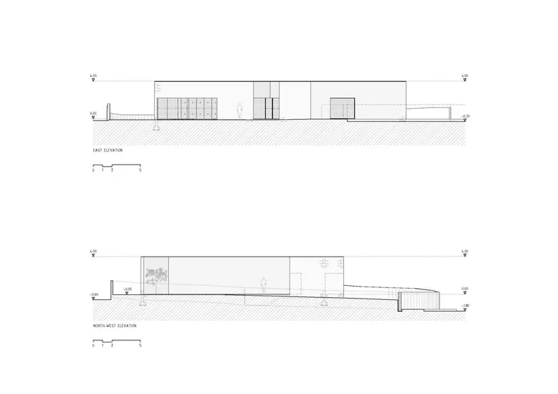 East and northwest elevation drawings showing the exterior massing with embedded courtyard and grade transitions