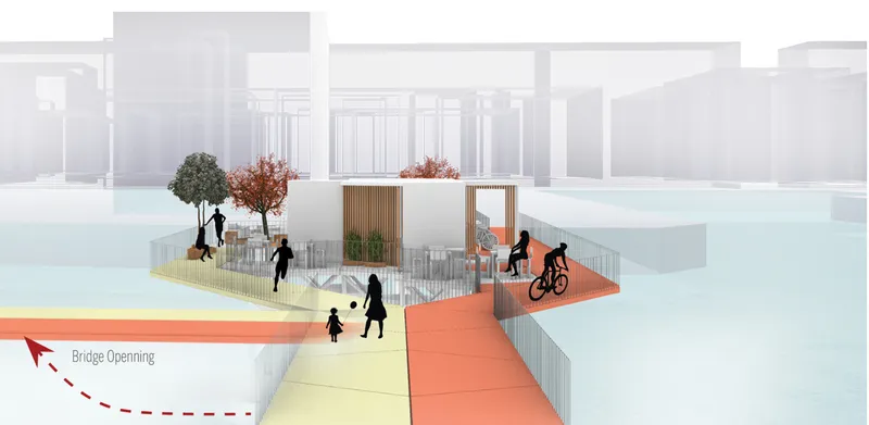 Axonometric rendering of a waterfront pedestrian bridge with timber pavilions and figures walking and cycling