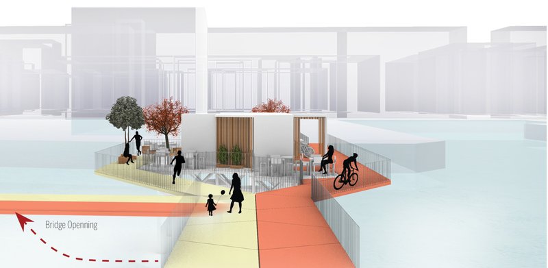 Axonometric rendering of a waterfront pedestrian bridge with timber pavilions and figures walking and cycling